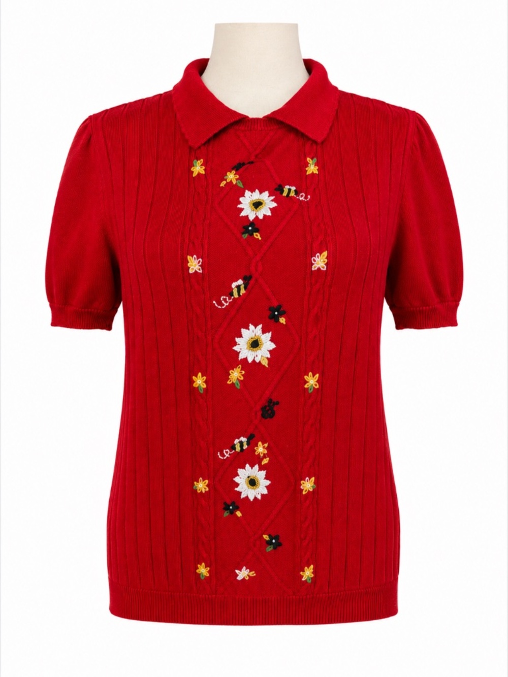 Vintage Embroidered Floral Knit Sweater Top Red Collared Cottagecore Women's M/L